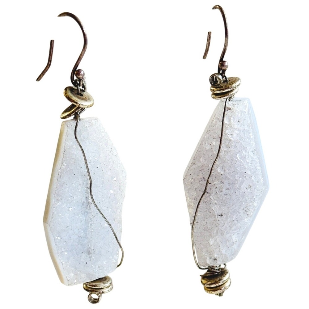 VTG Drusy Quartz‎ white dangle earrings Chunky Statement Brutalist Wired Wrap